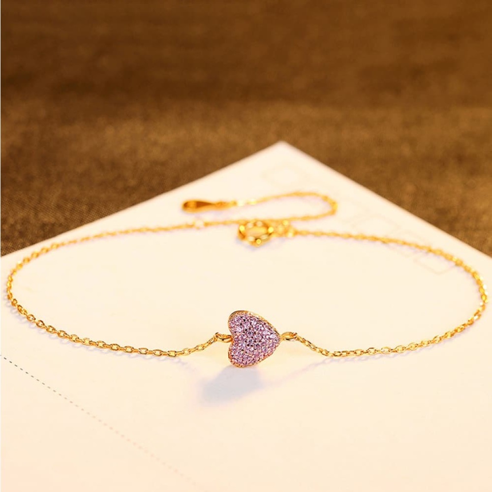 Barbie Inspired Pink Gemstone Heart Shaped Rose Gold Women’s Dainty Bracelet - Picture 3 of 5